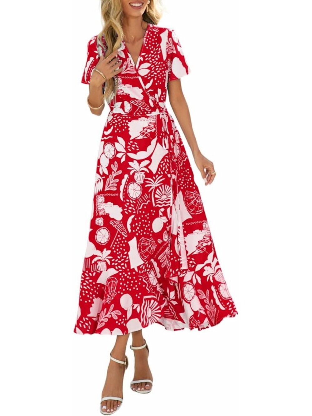 Women's Red Print V Neck Casual Short Sleeve Pull On Outfits Zipper Maxi Dresses